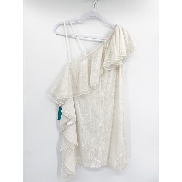 Mac Duggal 10800 White Sequin One Shoulder Ruffled Cocktail Dress Size 4 NWT - Picture 6 of 9